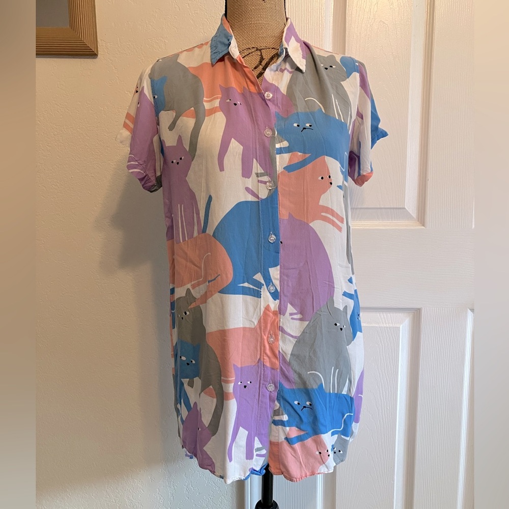 Zyra Spring pastel cat print collared button down shirt sleeved shirt M Easter